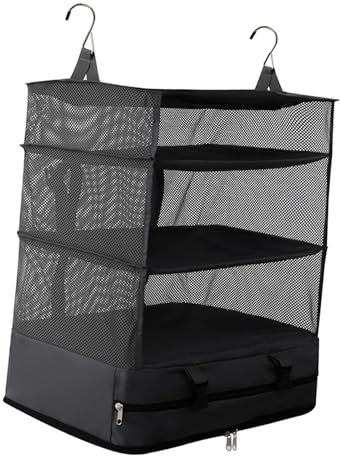 Folpus Hängendes Regal Garderobe Organizer Faltbares Hängendes Regal Gepäckorganisator Kleiderschrank Aufbewahrungsorganisator Schrank mit 3 Fächern für Schlafsaal, Schlafzimmer, Wohnzimmer, Schwarz