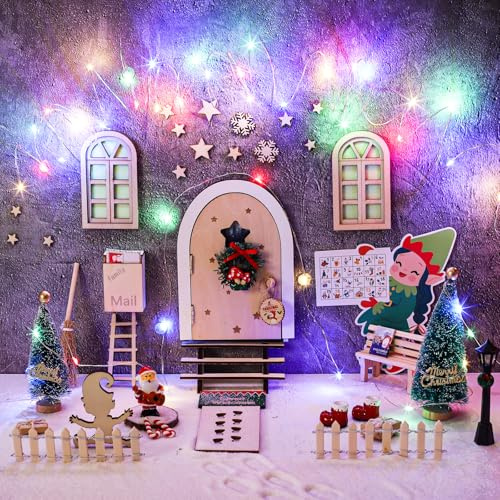 BOLWEO Fairy Door, Wooden Fairy Doors for Garden, 56Pcs Gnome Door Accessories with 2pc Fairy Light Mini Gnome Door Complete Set for Christmas Decoration Gnome House
