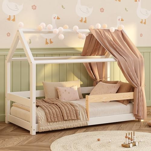 smartwood Hausbett 90x200 cm mit Rausfallschutz, Massivholz, Weiß, Milo | Montessori Kinderbett, Einstiegshöhe 12cm, Lattenrost belastbar bis 230kg, Kiefernholz, Einfache Montage, ab 3 Jahren