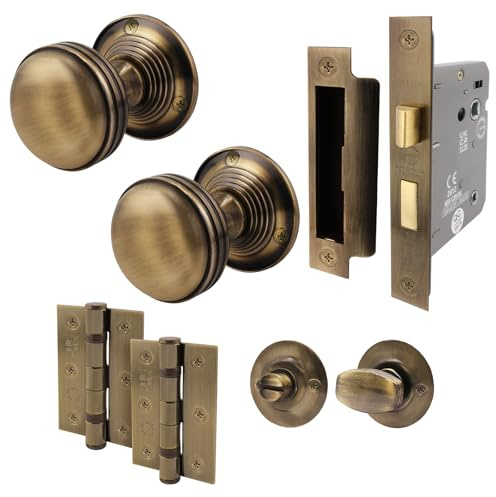EAI Lined Bathroom Door Knob Set Antique Brass | 1 Pair of Mortice Knobs (55mm), Lock (80mm) & Hinges (76mm) for Internal Doors