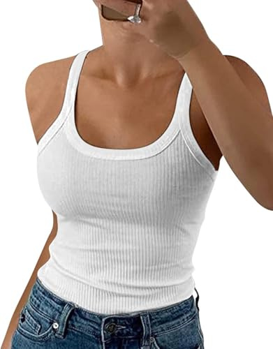 DUOEASE Canotta a Costine Donna Bianco 2025 Girocollo Spaghetti Top Donna Slim Fit Canottiera Donna -L