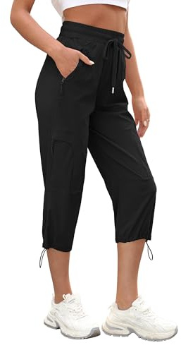 StylSense Caprihose Damen Sommer Casual 3/4 Hose Atmungsaktiv Outdoor Jogginghose Wanderhose Stretch Leichte Sommerhose mit Taschen（Schwarz,XXL