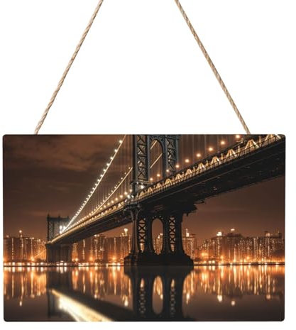 Holzkreise zum Basteln, 20,3 x 30,5 cm, Holzscheiben, New York, Manhattan, Brücke, Nacht, Holz-Türhänger, Hängeschild, rechteckige Holzscheiben mit Bindfaden, Holzornament für Schild, Türhänger,