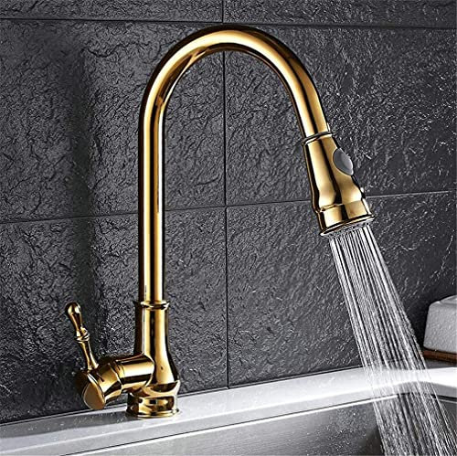 HXFFXHF Duschkopf Ausziehbarer Brausekopf, Küchenarmatur mit 2-Wege-Ausziehbrause, 360-Grad-Schwenkdrehung, Chrom-Nickel-Wasserhahn im Retro-Stil, Duschkopf aus gebürstetem Nickel/Gold