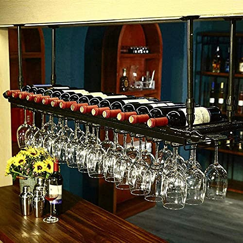 GLMGBP Estante Colgante Moderno para vinos con Soporte para Copas y Estante, Estilo Estante invertido de Hierro para Colgar Copas de Vino, Estante de Techo para vinoteca, Bar, Restaurante, Negro, 1