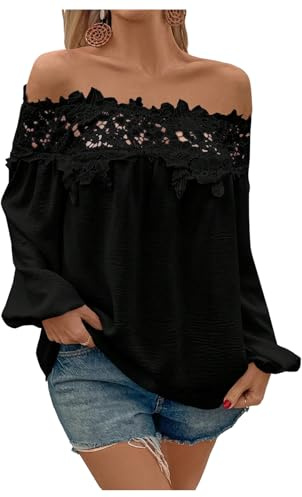 GORGLITTER Women's Off Shoulder Lace Hollow Out Blouses Long Sleeve Elegant Going Out Tops Shirts Black Large