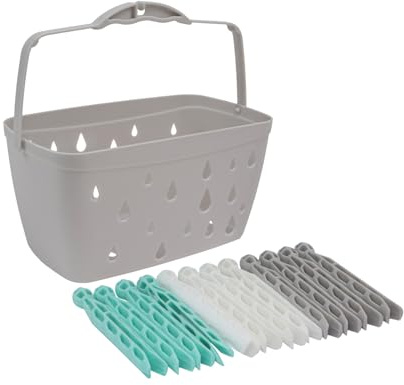 JVL Plastic Peg Basket, Grey with 48 Plastic Dolly Pegs, Aqua