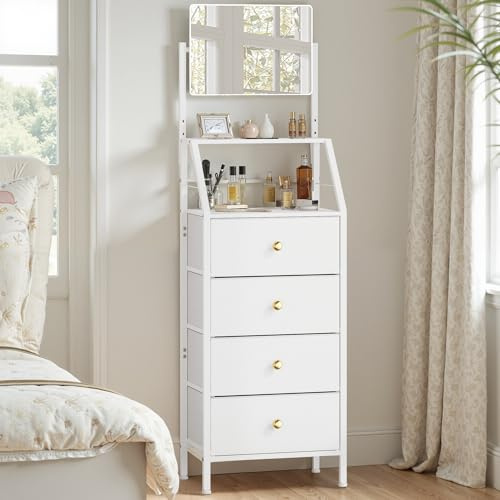 OYRREU Commode Haute avec Miroir Réglable et 4 Tiroirs en Tissu, Meuble de Rangement Polyvalent pour Chambre, Entrée, Couloir, Salon, Blanc