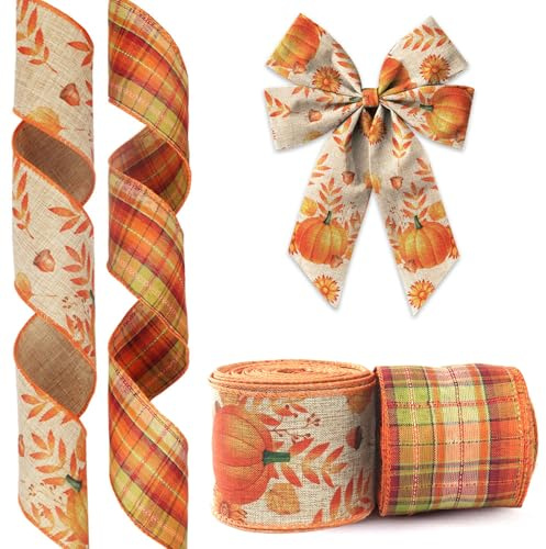 Glodecart 2 Rolls 2.5 X 20 Yards Fall Ribbons for Crafts Wreath Bows, Orange Plaid Pumpkin Autumn Wired Ribbon for Gift Wrapping Thanksgiving Party Home Decoration