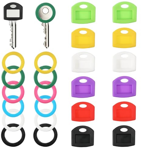24 Pcs Key Caps Covers Tags, Writable Square Covers Round Key Tags Identifiers Soft Stretchy Keys Cover Colored Silicone Keys Cover Caps Set, 6 Colors
