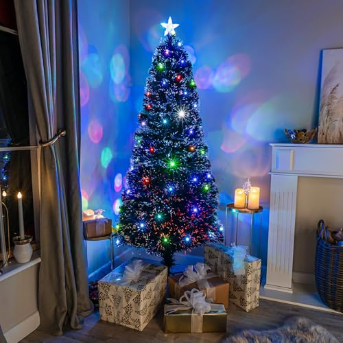7ft Black Fibre Optic Christmas Tree with Multicoloured LED Lights and Star