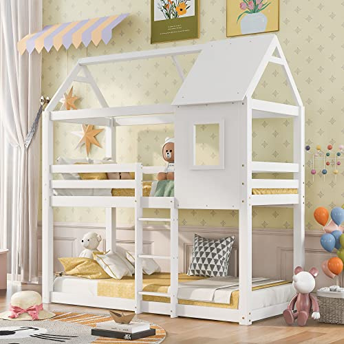 SURUEO Bunk Bed with Stairs, 3FT Bunk Bed for Kids, Treehouse Toddler Bed With Ladder, Twin Sleeper Kids Solid Pine Wood House Tree Canopy Bed for Children Girls Boys Toddler, 90x190cm, White