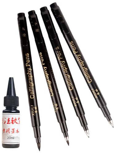 Beimus 4 Stück Nachfüllbarer Kunstpinselstift Mit Weicher Spitze Feiner Spitze Und 25 Ml Schwarzer Tintenflasche Zum Skizzieren Handschrift Üben Pinselstift Set Für Feine Strichzeichnungen