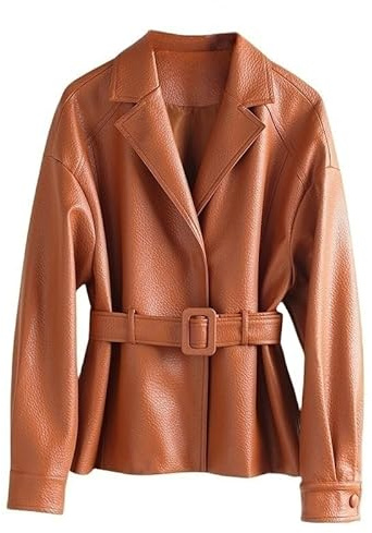 Generico Blazer in Vera Pelle da Donna Elegante Blazer in Pelle di Agnello con Cintura Giacca da Ufficio Antivento Elegante Giacca Corta da Abito per Donna Ufficio Riunioni di Lavoro Caramello XS