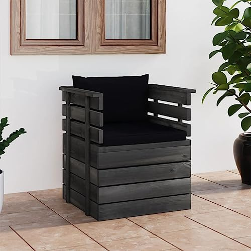 Hoopleep Kiefernholz Gartensessel mit Kissen, Schwarz, 70x65x71,5 cm, für Terrasse Außenbereich, Lounge Möbel Set, Balkon Garten Sofa