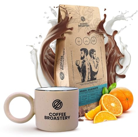 Coffee Broastery Brazil Guaxupé Premium 1 kg - Café en Grains 100% Arabica du Brésil, Notes d'Orange et Chocolat, Torréfaction Naturelle + Élégante Tasse en Céramique avec Logo - Coffret Cadeau Café