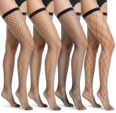 HJZHII 4 Pairs Fishnet Thigh High Stocking for Women, Fishnet Thigh High Socks Fishnet Stockings Elasticity Slimming and Leg-shaped Lace Fishnets Stockings for Women(Black)