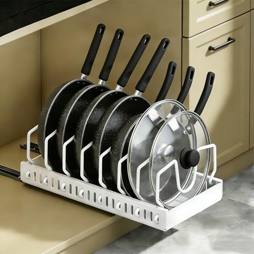 Topnewhome Pfannen-und Topf Organizer, ausziehbar mit 8 Trennwänden,Weiß | Ausziehbarer Unterschrank Organizer 8 flexiblen Trennwänden. Ideal für die platzsparende Aufbewahrung von Töpfen und Pfannen.