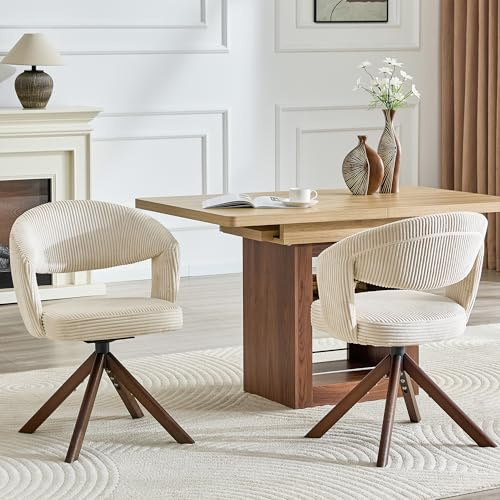 Generisch Juego de 2 sillas giratorias de comedor retro de color crema de pana con patas de madera maciza de nogal, giratorias 360°, respaldo ergonómico para comedor y oficina en casa