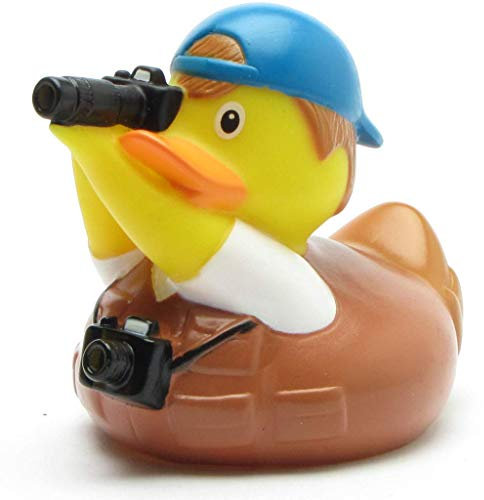 Duckshop I Badeente Fotograf I Quietscheente I L: 10 cm I inkl. Quietscheentchen-Schlüsselanhänger im Set I Spielzeug für Kinder I Geschenk für Fotografen