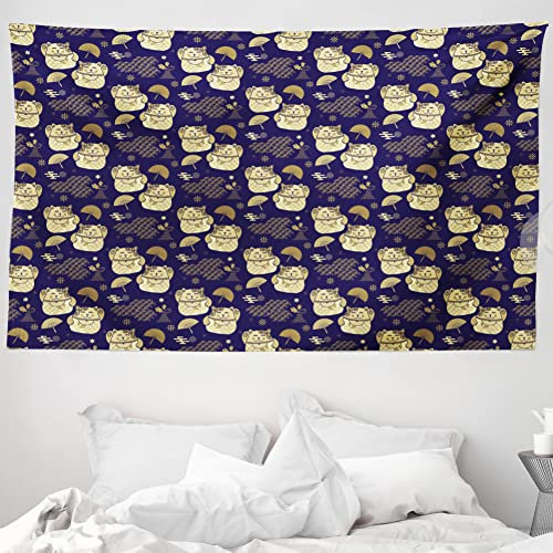ABAKUHAUS Japanische Katze Wandteppich, Gegenstände Mount Hill Maneki Neko Uchiwa Handfächer, aus Weiches Mikrofaser Stoff Wand Dekoration Für Schlafzimmer, 230 x 140 cm, Blassbraun Blasskamel