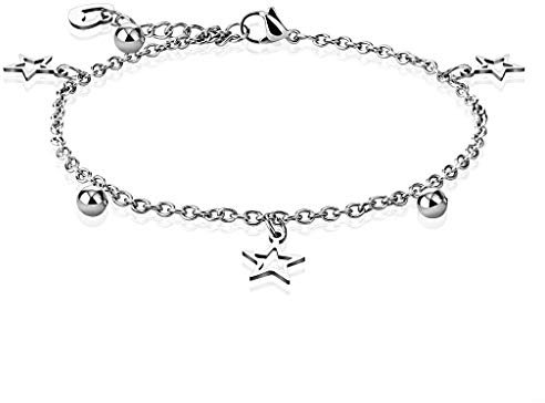 Paula & Fritz® Armband Damen Silber Herz Stern Kugel Charm Anhänger 316L Chirurgenstahl 235-mm Bettelarmband Arm-kettchen Arm-Schmuck Fußkette Fußkettchen