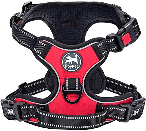 PoyPet Keine Pull Hundegeschirr Front Reflektierende Pet Weste für Hunde mit Einfache Kontrolle Griff und Rückseite perfekt für den täglichen Training, Walken, Running(Rot,L)