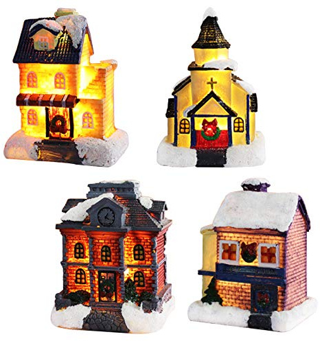 Bseical Weihnachtsdorf mit Beleuchtung Groß, Weihnachtsdorf Set mit LED, Weihnachtsdorf Beleuchtet Miniatur, Weihnachtsdeko Figuren Tisch Deko, Weihnachtsdeko zum BAU Chic Selber Machen (4Pcs B)
