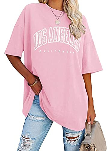 Tomwell Damen Los Angeles Brief T-Shirt Rundhals Oversize Oberteile | Sommer, Kurzarm, mit Buchstaben Druck, Locker, Vintage, Lang, Sport, für Teens