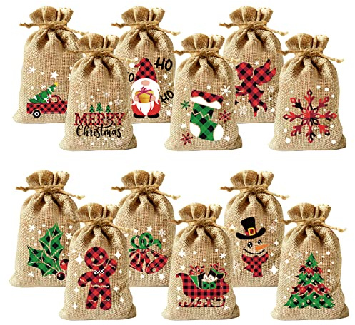 VEYLIN Weihnachten Sackleinen Taschen, 12 Xmas Sackleinen Jute Geschenkbeutel mit Kordelzug für Weihnachten Party Adventskalender Dekoration