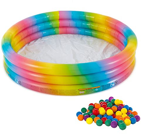 Intex 58449EP Rainbow Ombre 3 Ring Round Inflatable Kids Outdoor Swimming Pool with Small Plastic Multi-Colored Fun Ballz for Ball Pit, 100 Pack