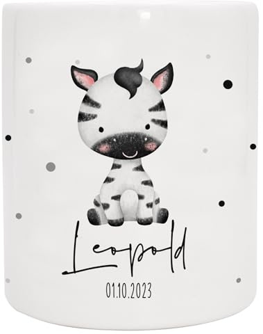 Spardose personalisiert mit Namen & Datum | Tierkind Zebra | Keramik Sparbüchse, optionales Datum, beidseitig bedruckt, Gummistopfen an der Unterseite, 95 x 80 mm, Geschenk für Kinder