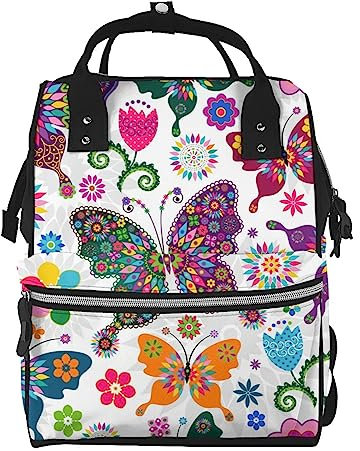 Bunte Schmetterlinge Blumenmuster Wickeltasche Windel Rucksack für Frauen Männer Mode Reisetaschen Casual Daypacks Rucksack, mehrfarbig, One size