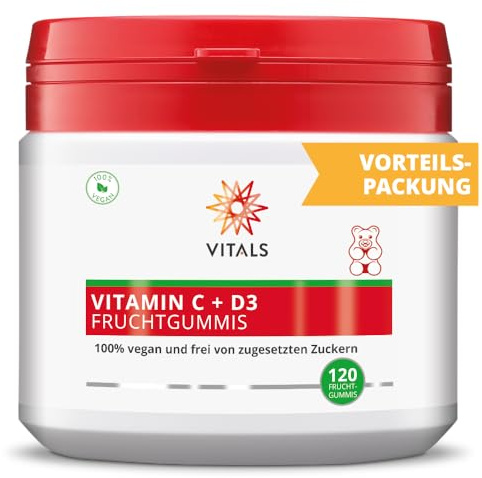 Vitals - Vitamin C + D3 120 Fruchtgummis für Kinder. 100% vegan und Frei von zugesetzten Zuckern. Großzügige Dosen Vitamin C und D3 pro Fruchtgummi.