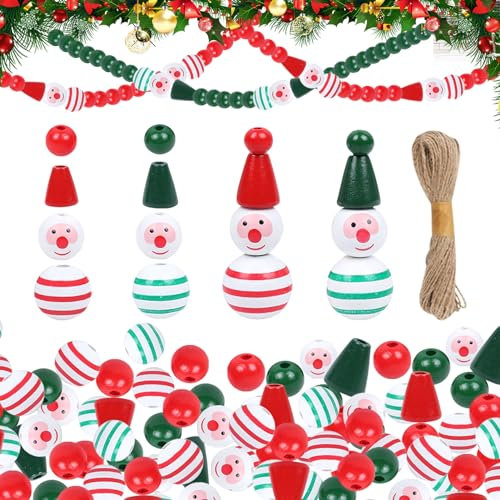 120 Stück Weihnachten Holzperlen Weihnachtsdeko 25mm Runde Holzperlen Schneemann Holzperlen mit Gesicht zum Basteln Gestreifte Bauernhaus Handwerk Perlen DIY Supplies Party Dekor (A)