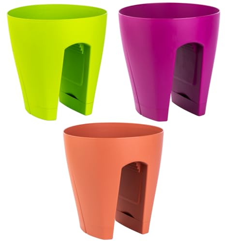 Engelland 3 x Blumentopf für Balkon-Geländer, Farbmix: Grün, Lila, Rotbraun, Blumenkasten, Balkonkiste, 9 Liter, Kunststoff, Außenbereich, B Ø 29 x H 30 cm