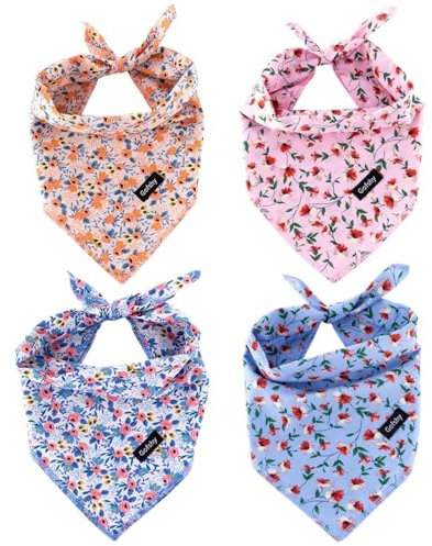 Gofshy Dog Bandana Spring Cotton XLarge 4PCS, Orange Pink Blue Floral Scarf