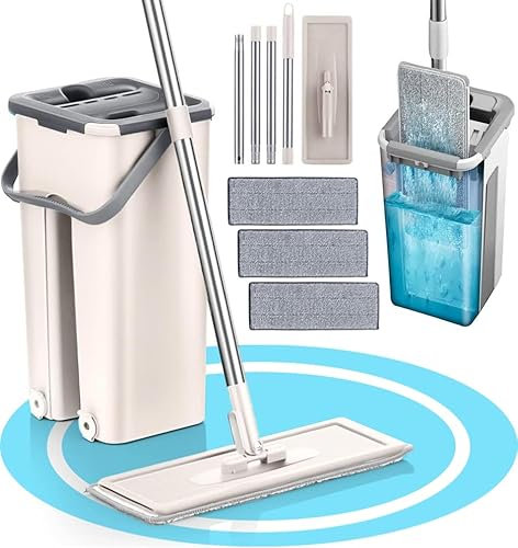 Dekohome Mopa Cubo Escurridor con Compartimentos, Cabezal Flexible y Plano con Rotación 360. Mopa Escurrefacil. Ideal para Limpiar Suelos, Paredes, Techos, Muebles y Ventanas, Incluye 3 Recambios