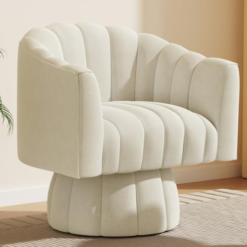 SEYNAR Drehsessel Wohnzimmer Mid Century 360° drehbarer Kuscheltonnen-Akzentsofasessel, runde Sessel mit breit gepolstertem, flauschigem Samtstoffstuhl für Schlafzimmer, Büro(Beige)
