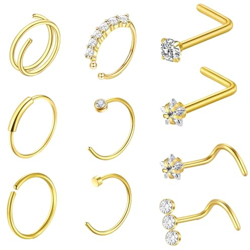 jagosen Gold Nose Ring Stud 10pcs 20g Gold Diamond Double Nose Septum Rings Hoop Hypoallergenic Corkscrew L Shape Lip Ring Nose Piercing Jewellery For Women Men
