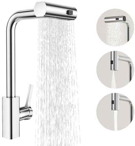 BESy Waterfall Kitchen Tap with Pull Out Spray, 3-Function Waterfall Sink Mixer Tap, 360° Swivel Stainless Steel Kitchen Faucet, Single Lever 1-Hole Design, Brushed Nickel