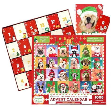 Advent Calendar 2024 Christmas Jigsaw Puzzles, Christmas Dogs Jigsaw Puzzles 1008 Pieces Puzzle 24 Days Christmas Countdown Calendar Family Game Xmas Gifts Decorations for Kids Teens Adults (B)