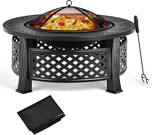 GOPLUS Feuerschale mit Funkenschutz, 3-in-1 Feuerstelle mit Schürhaken, Grillrost & Abdeckung, Feuerkorb Outdoor, Feuerschalen für Garten, Grillparty & am Pool