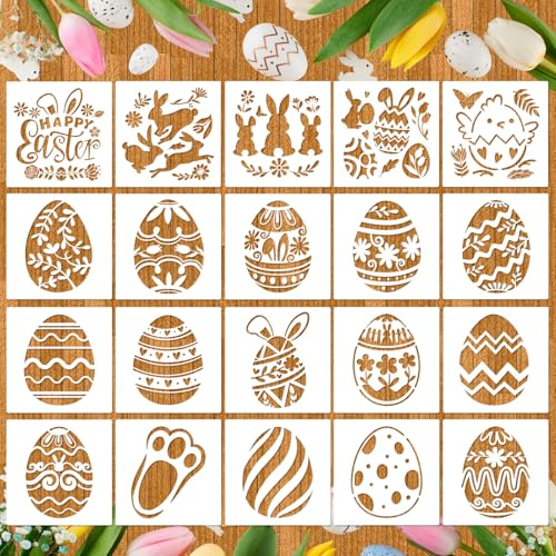 HOWAF 20 Stencil Pasqua, Stencil per Pittura di Coniglio Pasquale Uova di Pasqua Riutilizzabili in Plastica stencil Pasqua Decorazioni per Vetro Scrapbook Parete di Pittura Decorazioni Pasquali