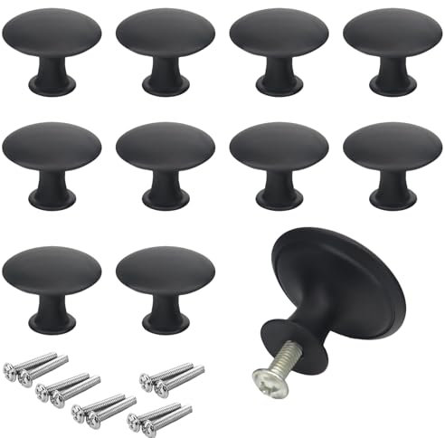 Ginddy Lot de 10 boutons de meuble ronds - 30 mm - Noir mat - En forme de champignon - Pour tiroir, armoire, meubles, armoires de cuisine, armoire