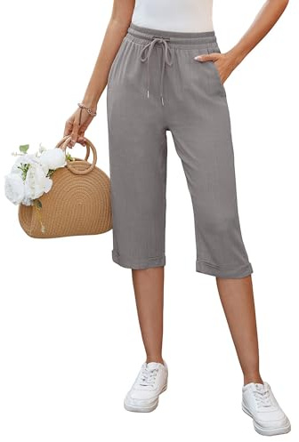 Auffortria Damen Leinen Sommerhose 3/4 Casual Leichte Baumwolle Leinenhose Bequeme Luftige Locker Freizeithose Strandhose Mit Taschen (Grau, Medium)