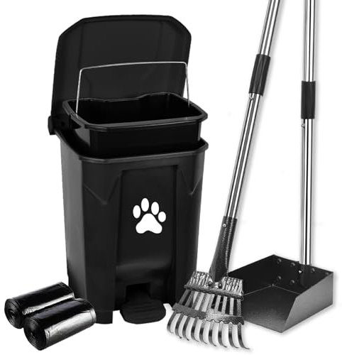 mayayaday Dog Pooper Scooper, Dog Poop Trash Can Outside with Long Handle Poop Scooper Set and 40 Waste Bags, Dog Waste Trash Can with Removable Inner Bin for Large Dogs Yard Garden