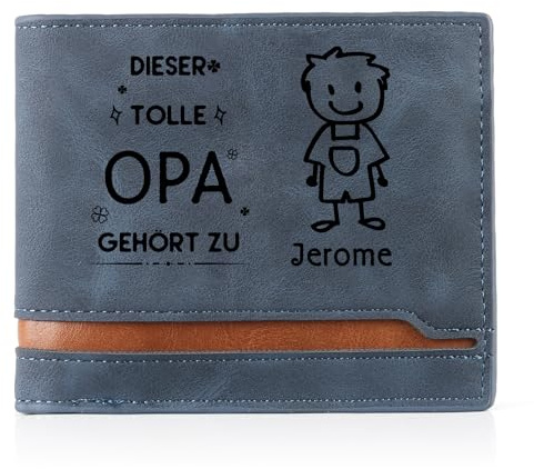 Wamantic Geldbörse Herren PU Leder Personalisierte - Portmonee Herren mit 1-6 Namen des Familienmitglieds Geschenk für Papa Opa Großeltern Weihnachten Geburtstag Vatertag (Blau-Opa Geschenk-1 Name)
