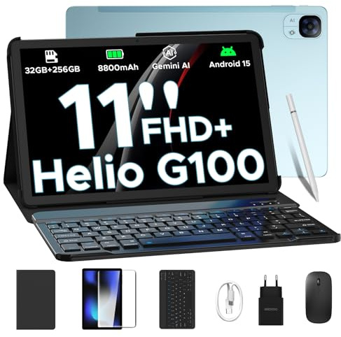 DOOGEE Tab E3 Tablet 11 Pulgadas con Teclado y Lápiz, 32GB RAM+ 256GB ROM/TF 2TB Tablet Android 15, Helio G100, Gemini AI Tablets 4G Dual SIM+5G WiFi, 8800mAh/13MP+5MP/GPS/OTG/Face ID/Doble Altavoces
