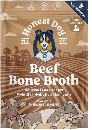 Honest Dog Co. Beef Bone Broth for Dogs & Cats | Packed with Collagen & Protein for Joint Health & Digestion | Food Topper & Gravy for Picky Eaters | 200g (up to 40 Servings)